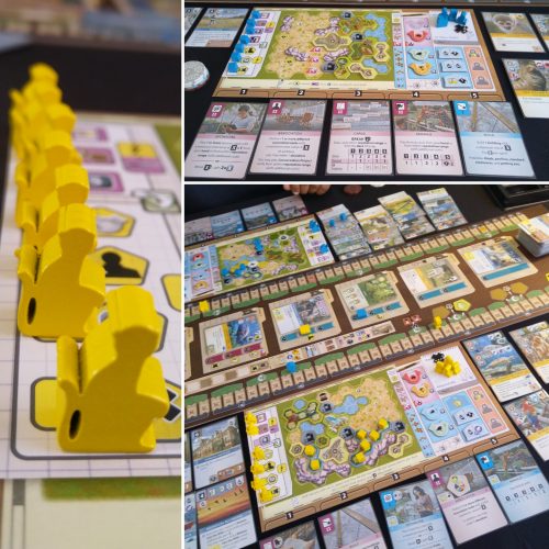 Collage of photos showing multiple plays of Ark Nova. Left image: wooden meeples in the shape of monkeys. Top right: a player board with five action cards (four upgraded), enclosures, universities, workers, research, and X tokens. Bottom right: overhead photo of filled player boards on either side of the main board showing progress along the conservation and appeal tracks.