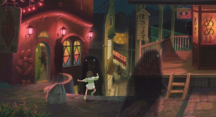 A scene from an animated film showing a child running down the steps of a brightly colored building, being pursued by a dark shadow.